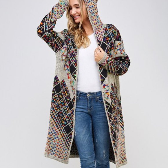 new  ON BLUE SWEATER Yellowstone CARDIGAN BOHO WESTERN AZTEC rainbow DUSTER S-3X - Picture 3 of 9